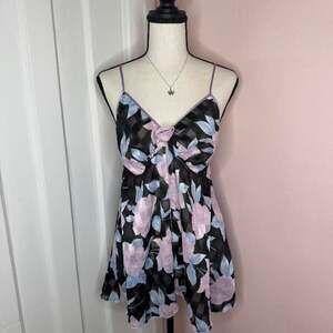 Vintage Y2K Sheer Floral Babydoll Slip Top, Pink Rose Print, Size Large